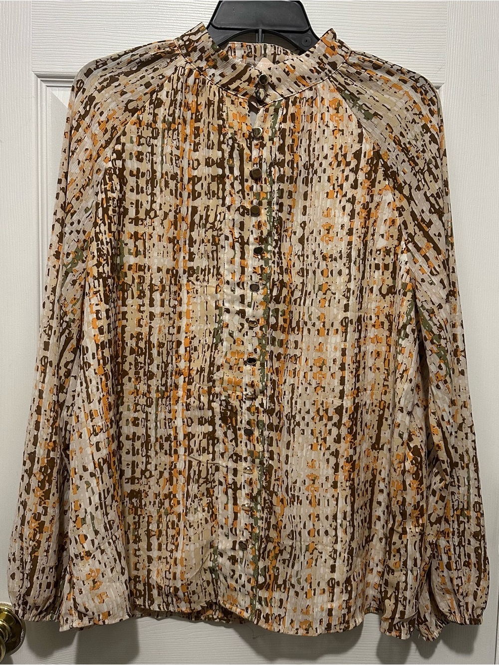 Serafina Collection Neutral & Olive Printed Button-Front Blouse Lg; Fully Lined